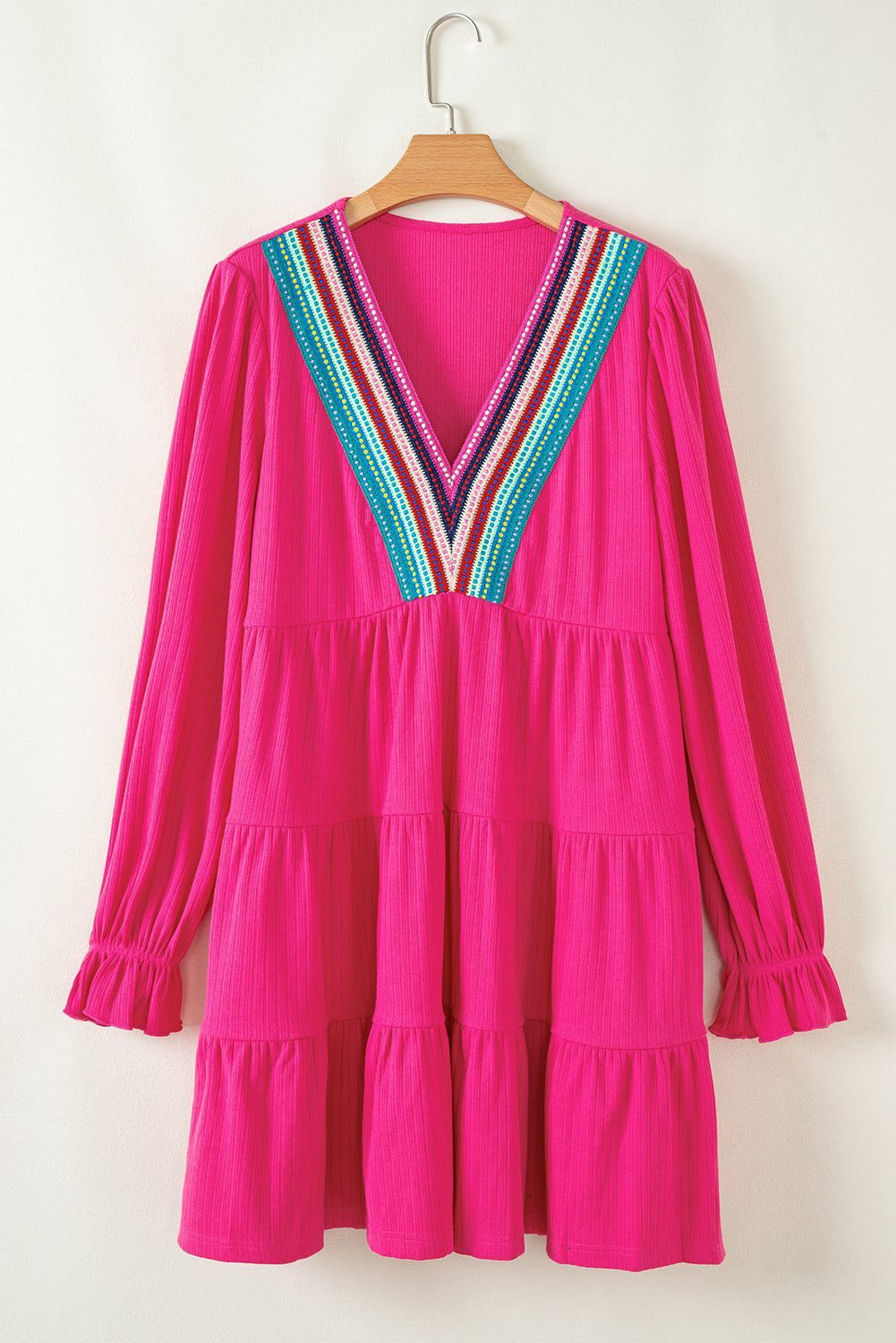 Rose Red Colorful Crochet V Neck Textured Tiered Ruffled Long Sleeve Mini Dress