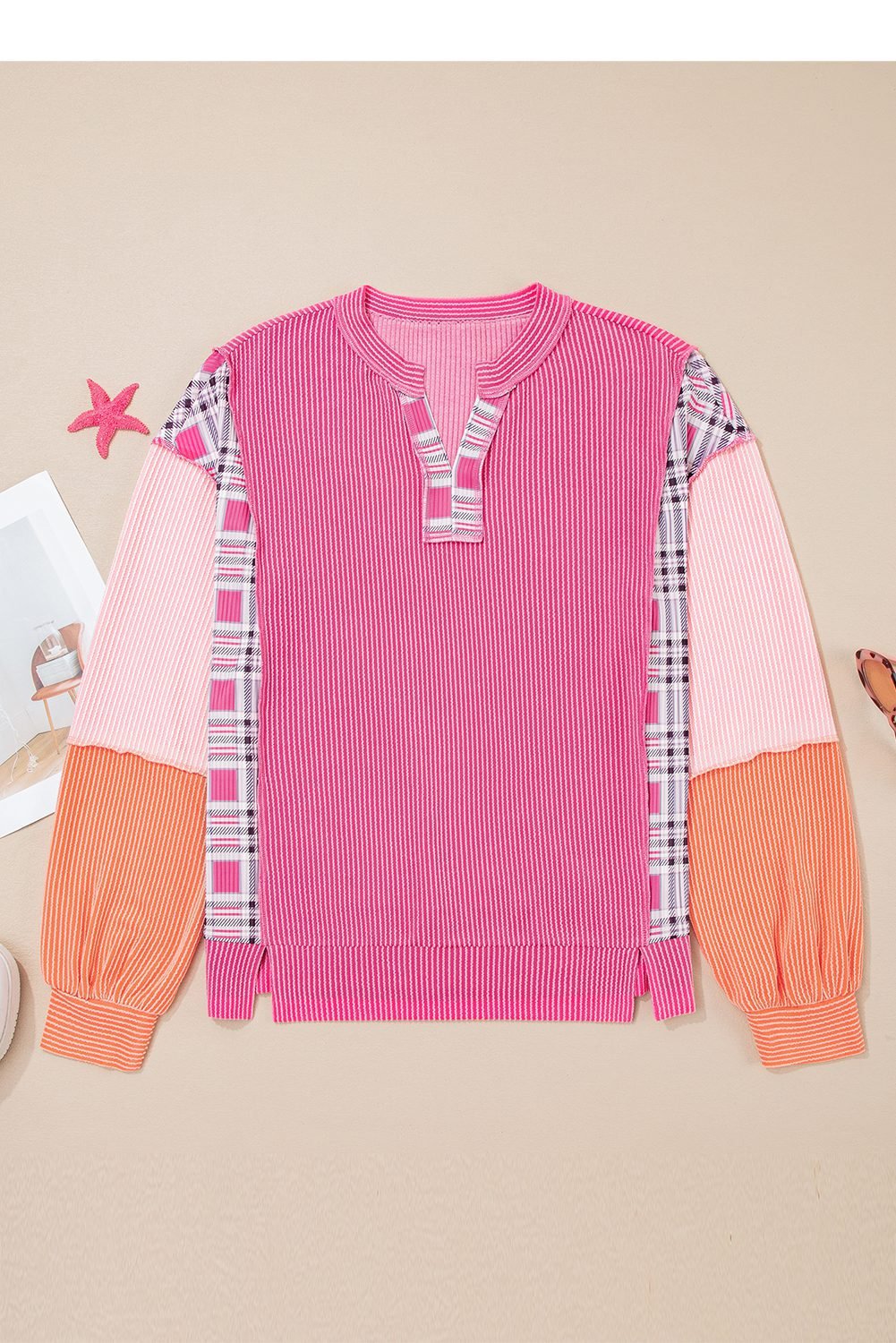 Rose Red Corded Texture Plaid Colorblock Patchwork Split Neck Long Sleeve Top