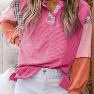 Rose Red Corded Texture Plaid Colorblock Patchwork Split Neck Long Sleeve Top