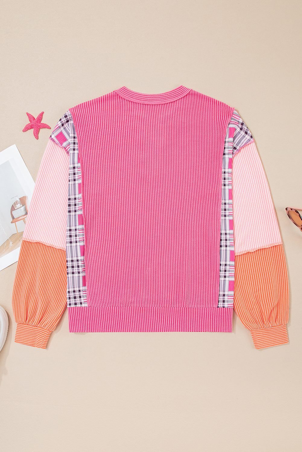 Rose Red Corded Texture Plaid Colorblock Patchwork Split Neck Long Sleeve Top