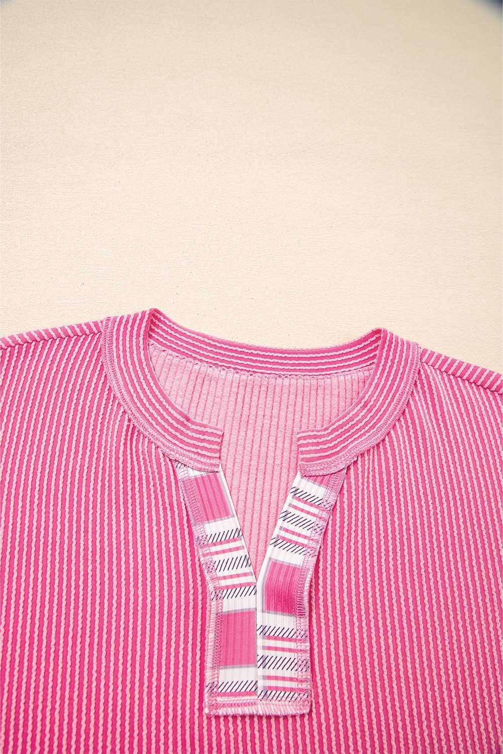 Rose Red Corded Texture Plaid Colorblock Patchwork Split Neck Long Sleeve Top