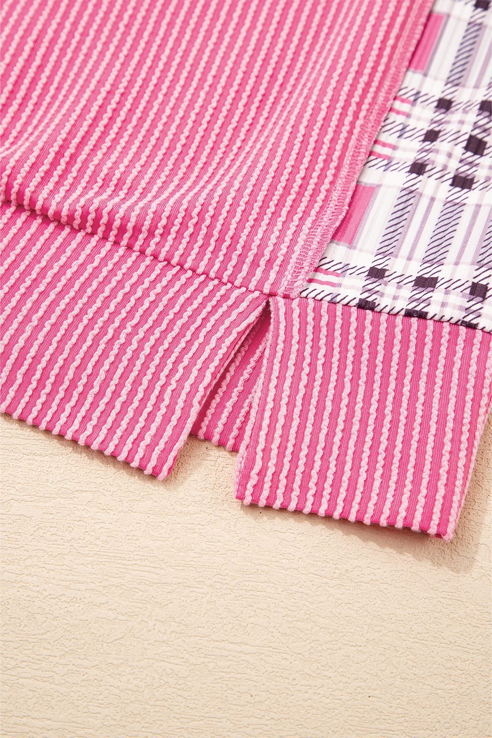 Rose Red Corded Texture Plaid Colorblock Patchwork Split Neck Long Sleeve Top