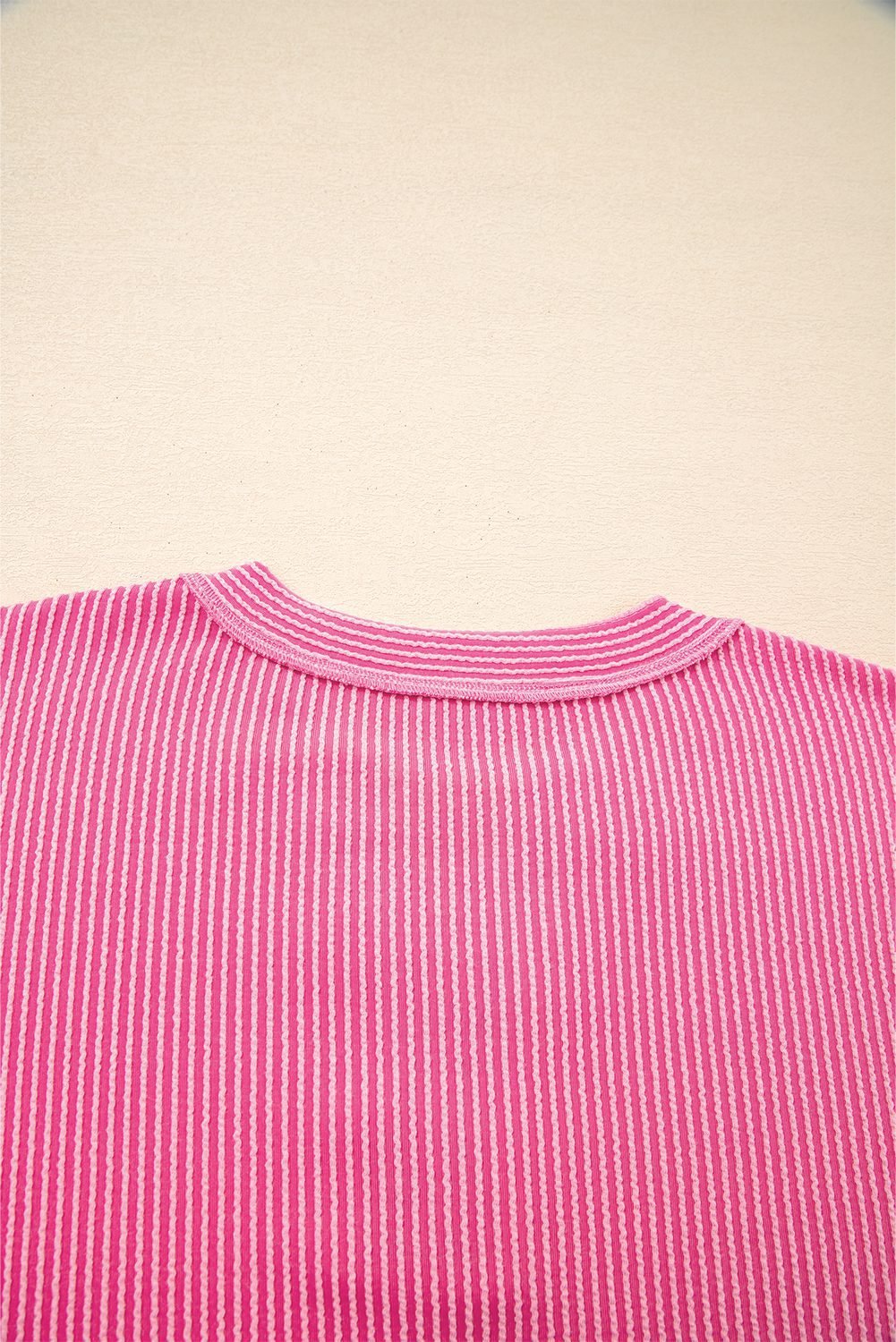 Rose Red Corded Texture Plaid Colorblock Patchwork Split Neck Long Sleeve Top