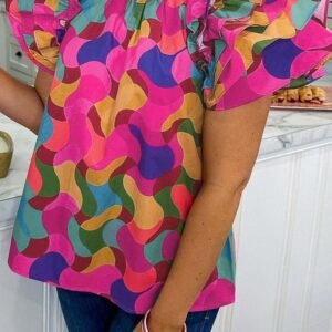 Rose Red Dramatic Ruffle Sleeve Smock Neck Wavy Print Top