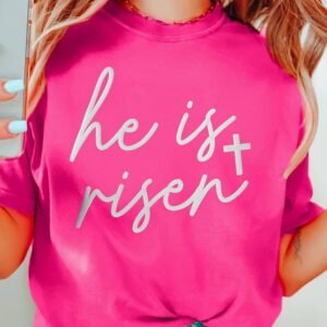 Rose Red Glitter He Is Risen Cross Printed Crewneck Tee