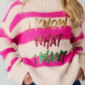 Rose Red I Know Waht I Wat Sequin Letter Graphic Colorblock Loose Sweater