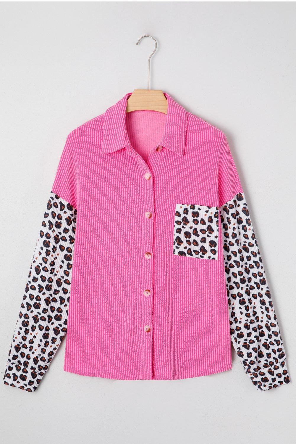 Rose Red Leopard Patched Twisted Ribbed Western Casual Shacket