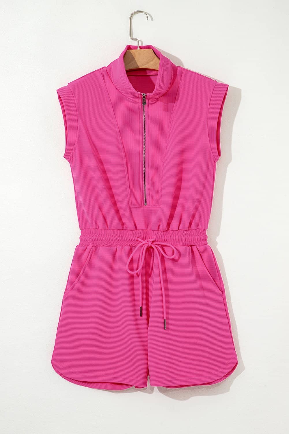 Rose Red Textured Short Sleeve Half Zip Drawstring Waist Romper
