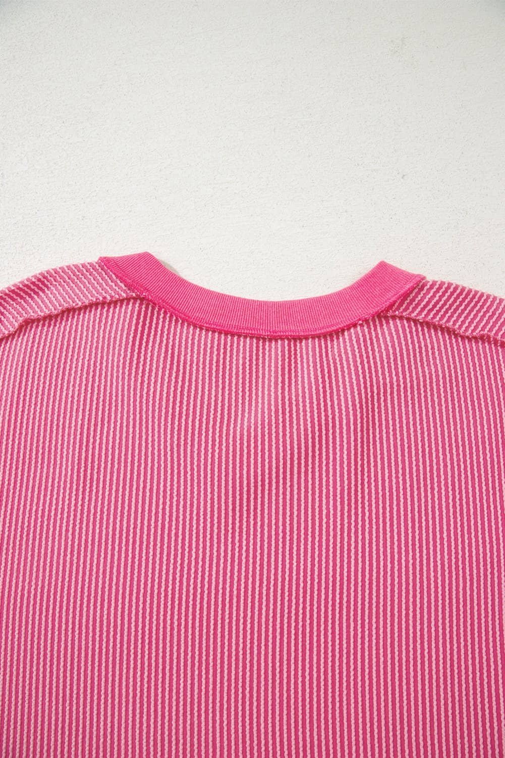 Rose Red Twisted Ribbed Knit V Neck Casual Tee
