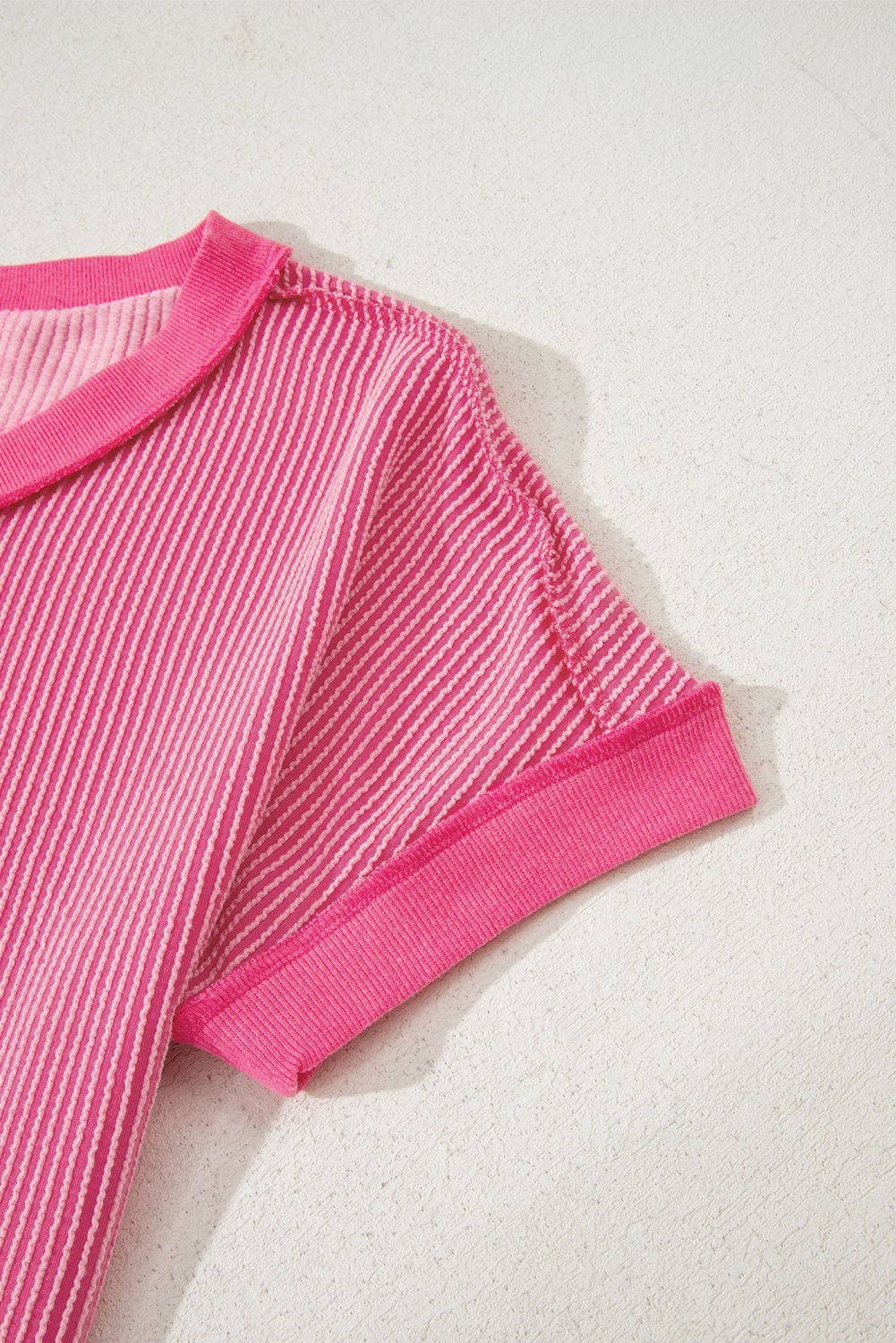 Rose Red Twisted Ribbed Knit V Neck Casual Tee