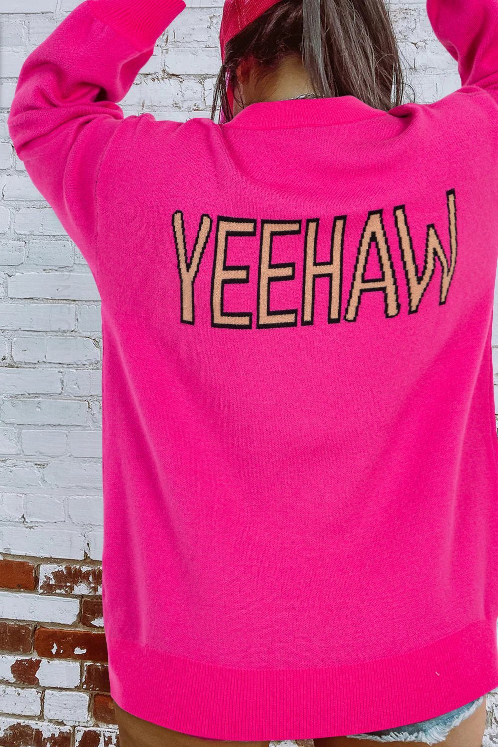 Rose Red Yeehaw Cowboy Hat Drop Shoulder Oversized Sweater