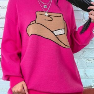 Rose Red Yeehaw Cowboy Hat Drop Shoulder Oversized Sweater
