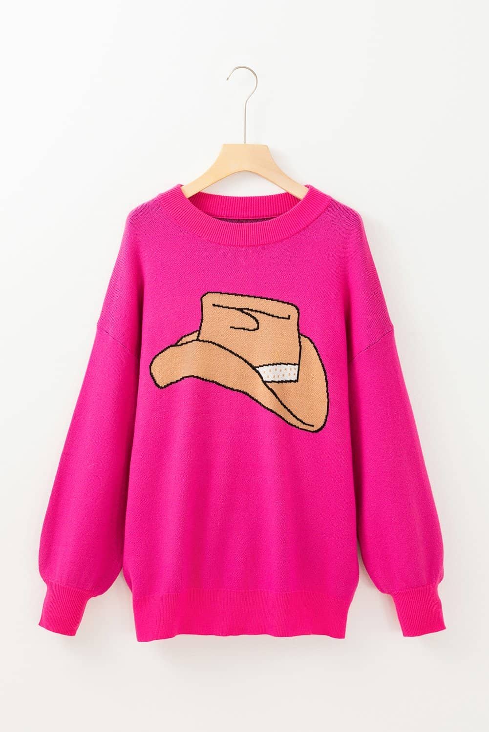 Rose Red Yeehaw Cowboy Hat Drop Shoulder Oversized Sweater