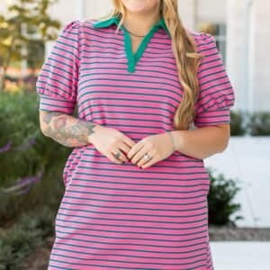 Rose Stripe Collared V Neck Puff Sleeve Shift T Shirt Dress With Pockets