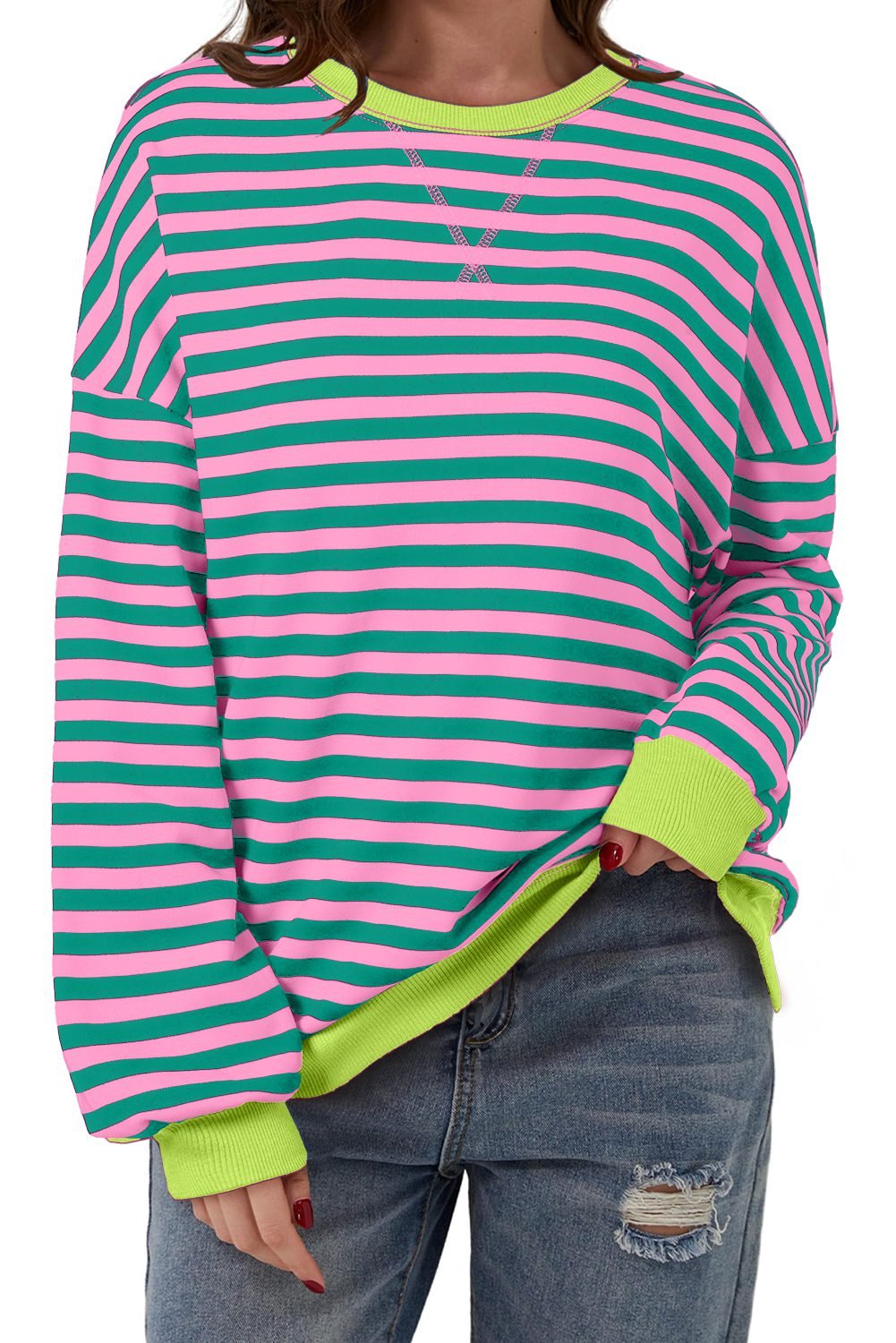 Rose Stripe Contrast Ribbed Trim Crossed Stitch Drop Shoulder Sweatshirt