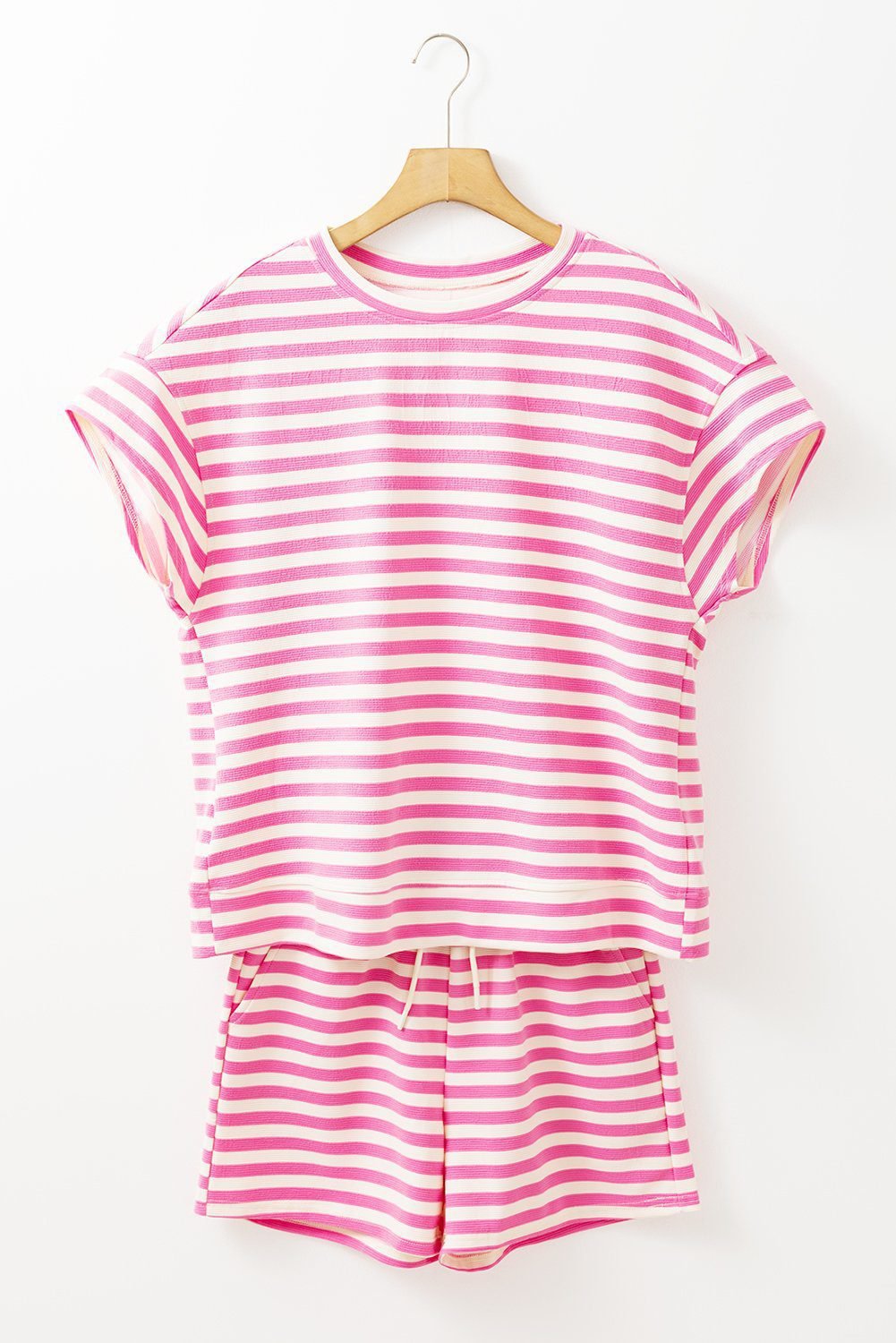 Rose Stripe Crew Neck T Shirt And Drawstring Shorts Set