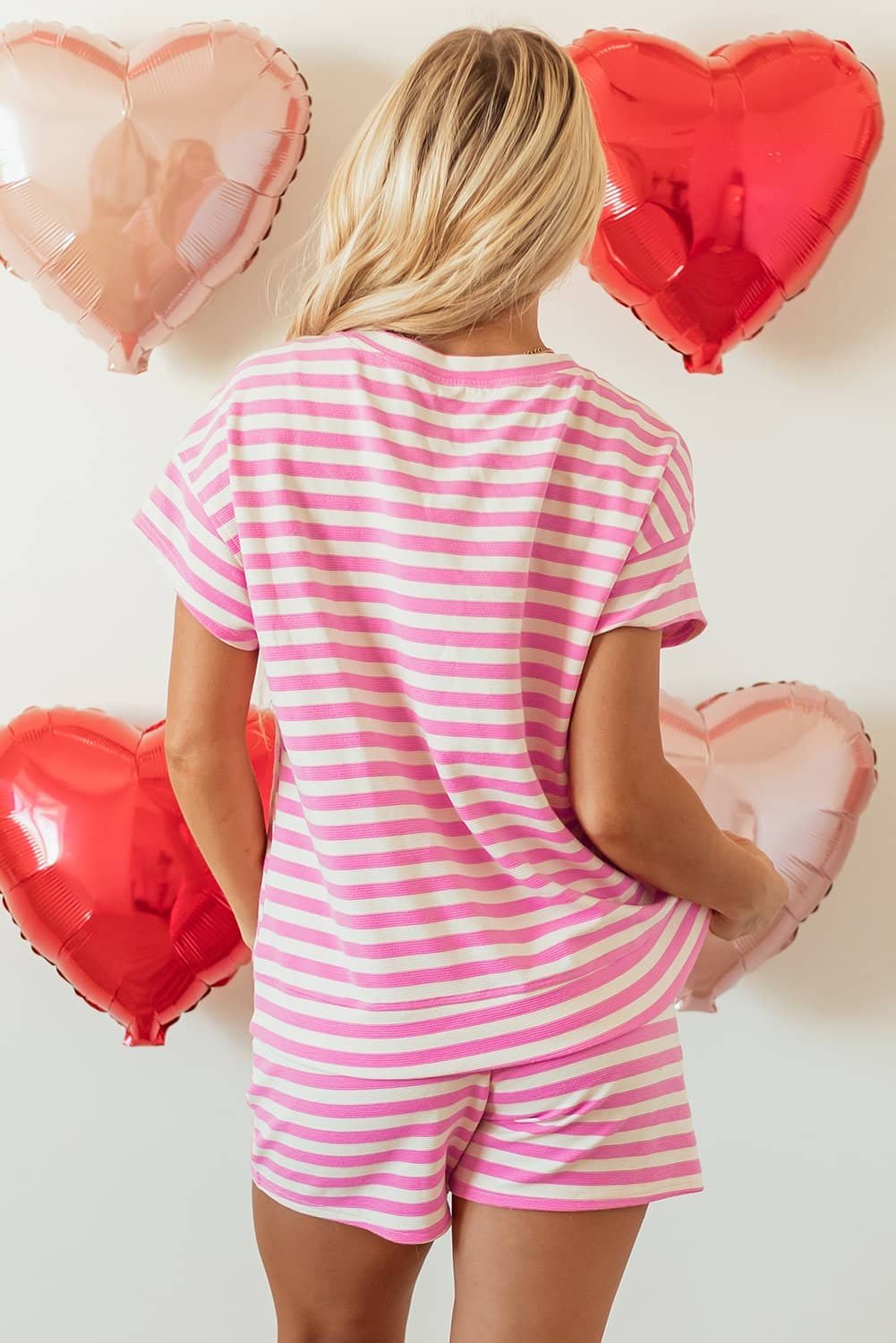 Rose Stripe Crew Neck T Shirt And Drawstring Shorts Set