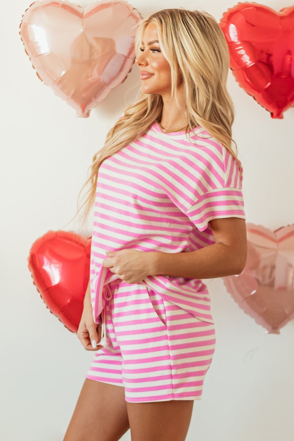 Rose Stripe Crew Neck T Shirt And Drawstring Shorts Set