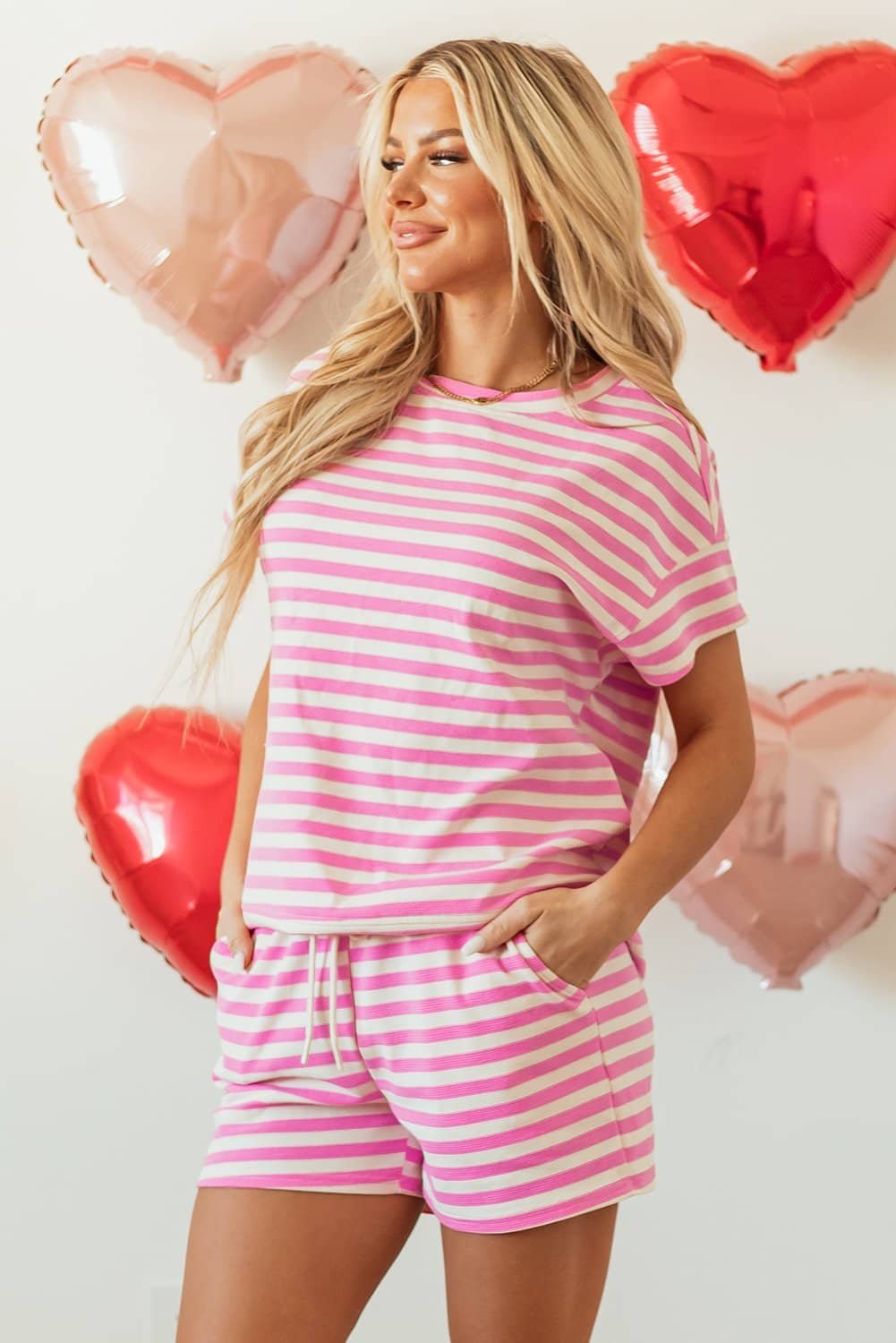Rose Stripe Crew Neck T Shirt And Drawstring Shorts Set