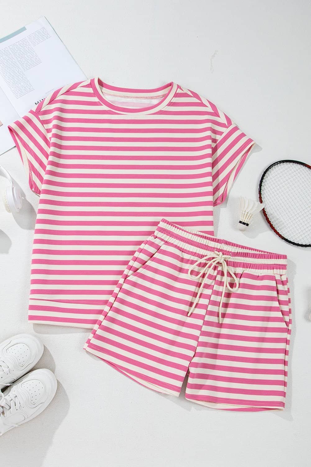 Rose Stripe Crew Neck T Shirt And Drawstring Shorts Set