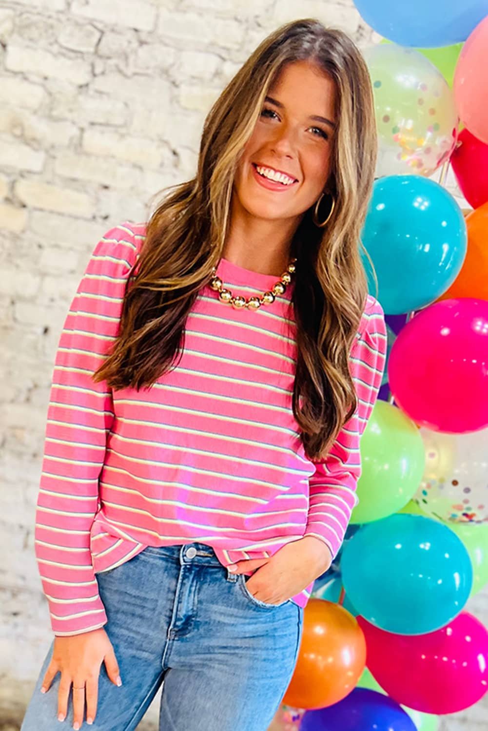 Rose Stripe Textured Knit Round Neck Long Sleeve Top