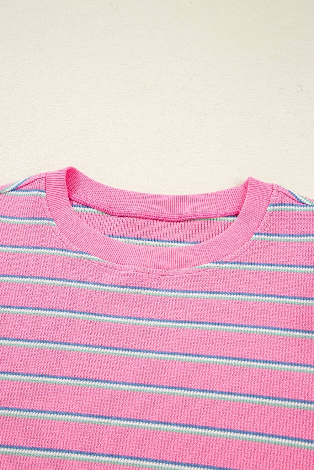 Rose Stripe Textured Knit Round Neck Long Sleeve Top