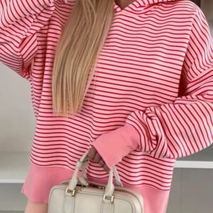Rose Stripe Thumbhole Side Slits Drop Shoulder Loose Fit Hoodie