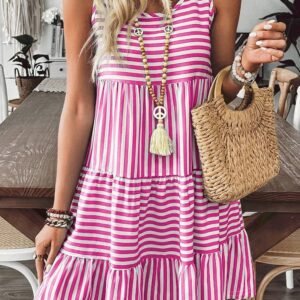 Rose Stripe U Neck Sleeveless Loose Fit Mini Dress