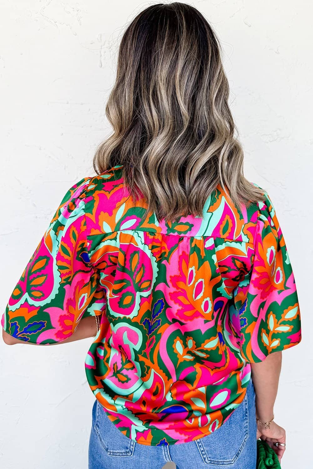 Rose Summer Plant Print Lace Up V Neck Short Sleeve Blouse