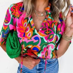 Rose Summer Plant Print Lace Up V Neck Short Sleeve Blouse