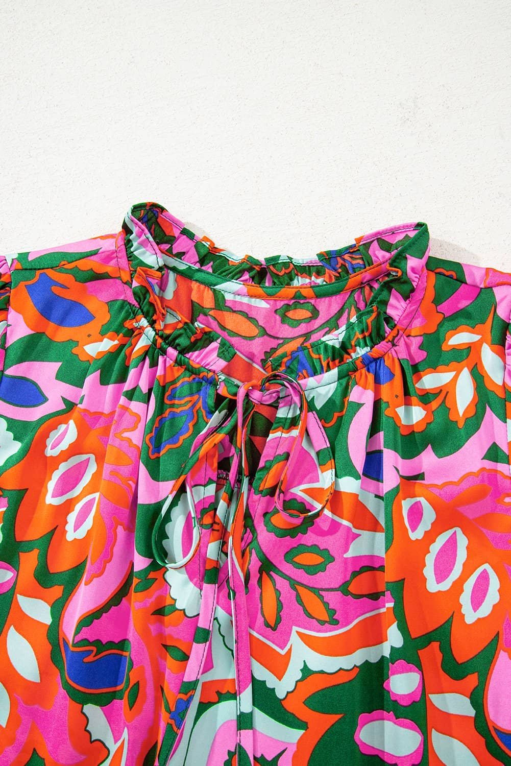 Rose Summer Plant Print Lace Up V Neck Short Sleeve Blouse