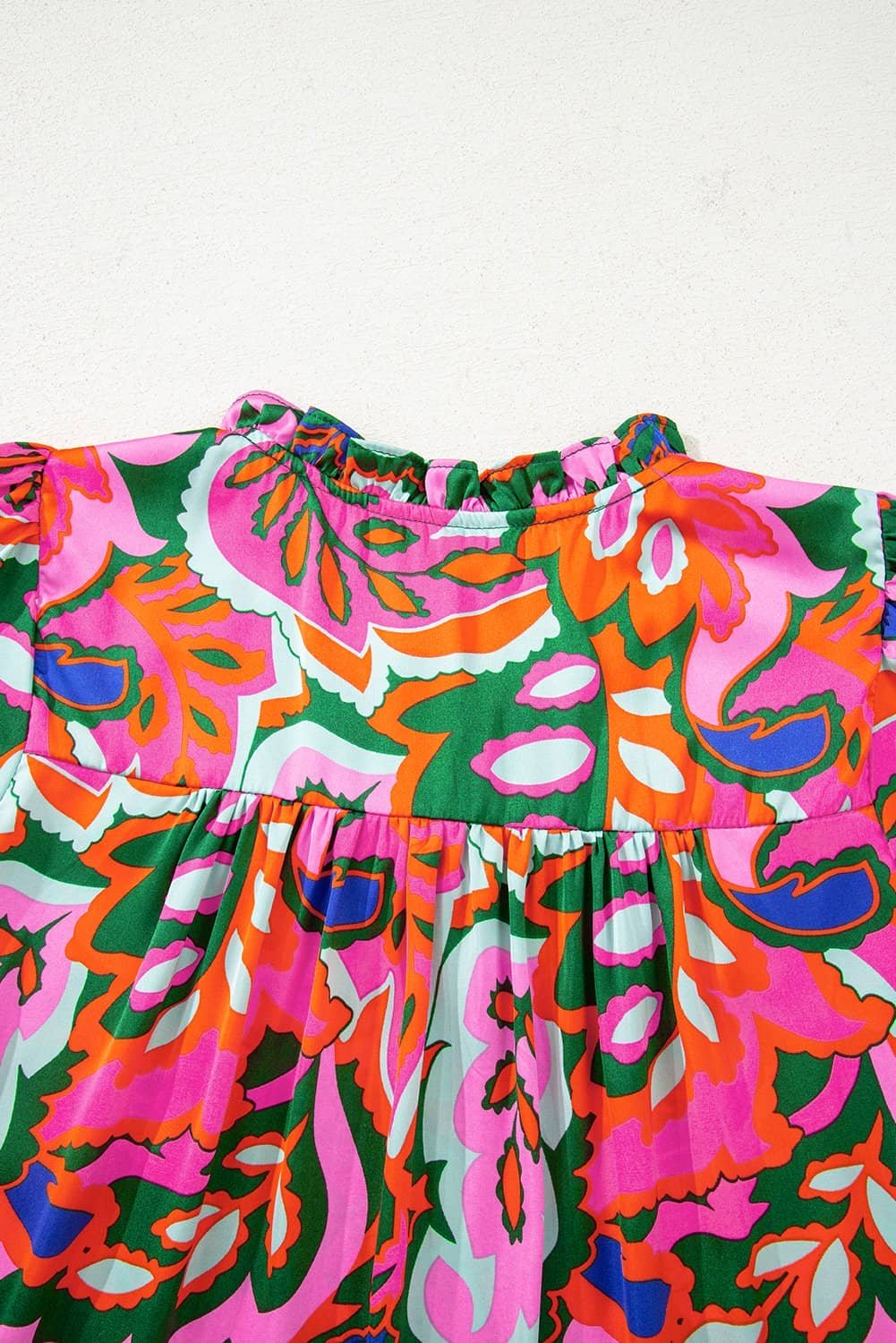Rose Summer Plant Print Lace Up V Neck Short Sleeve Blouse