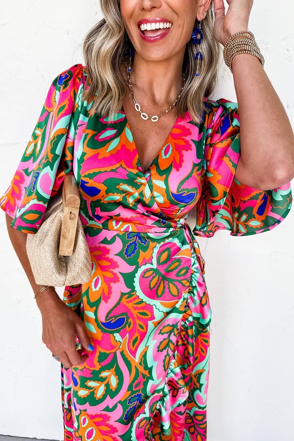 Rose Summer Plant Print Surpliced V Neck Ruffled Asymmetric Slit Wide Short Sleeve Maxi Dress