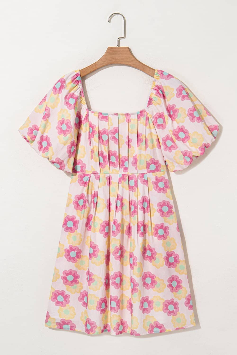 Rose Vibrant Floral Square Neck Puff Sleeve Pleated Flared Midi Dress