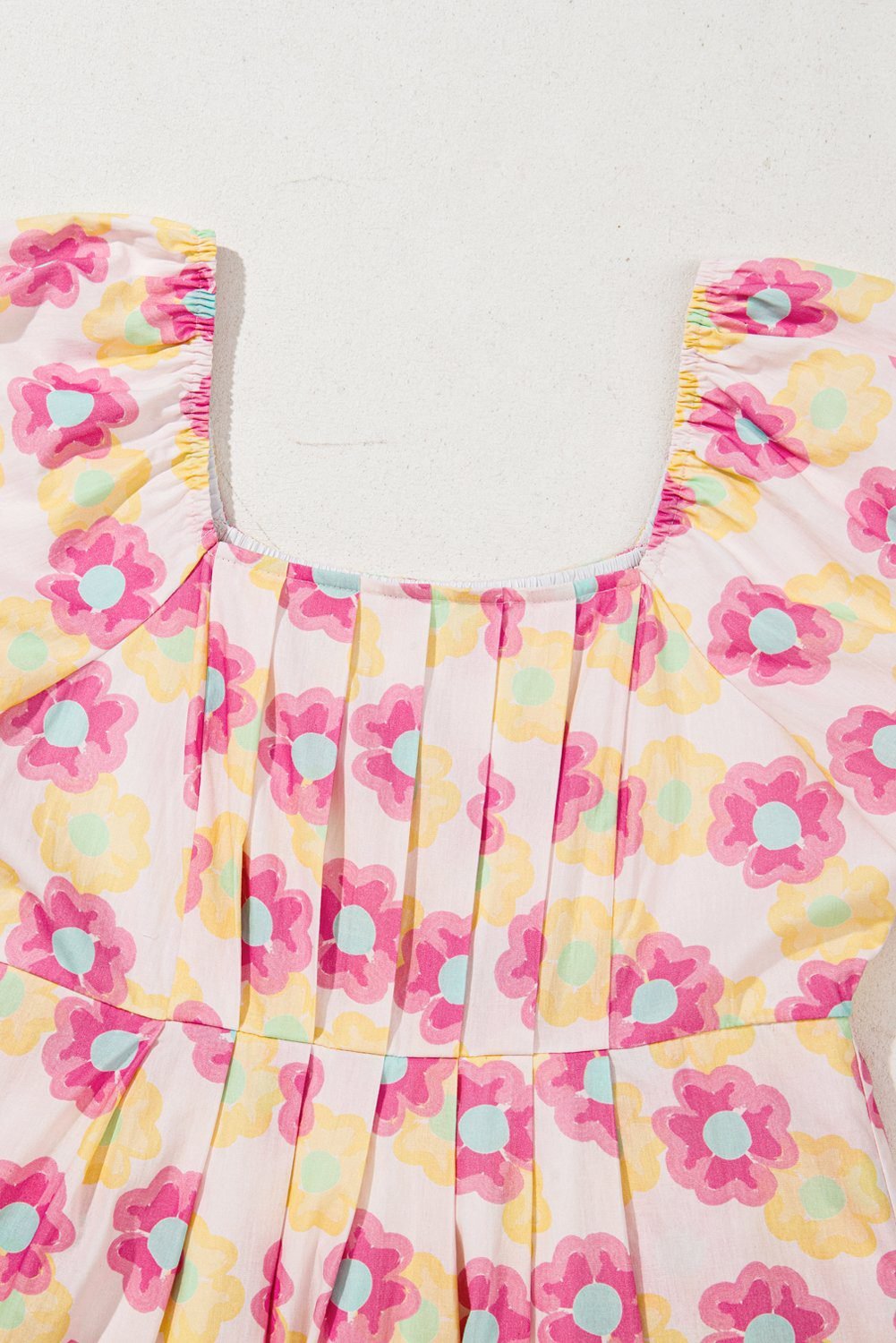 Rose Vibrant Floral Square Neck Puff Sleeve Pleated Flared Midi Dress