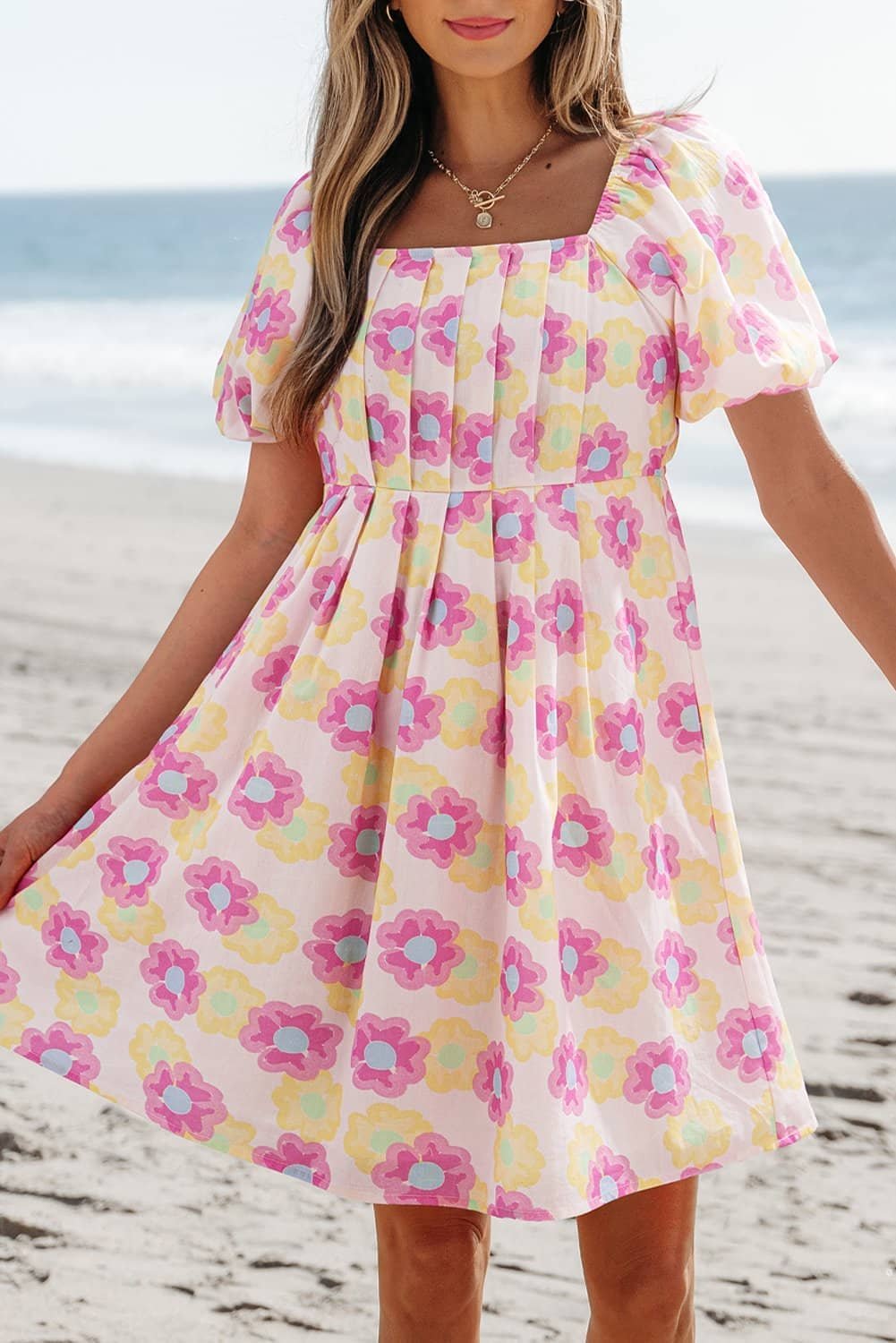 Rose Vibrant Floral Square Neck Puff Sleeve Pleated Flared Midi Dress