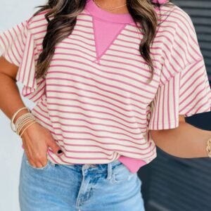 Sachet Pink Contrast Detail Striped Ruffle Short Sleeve Top