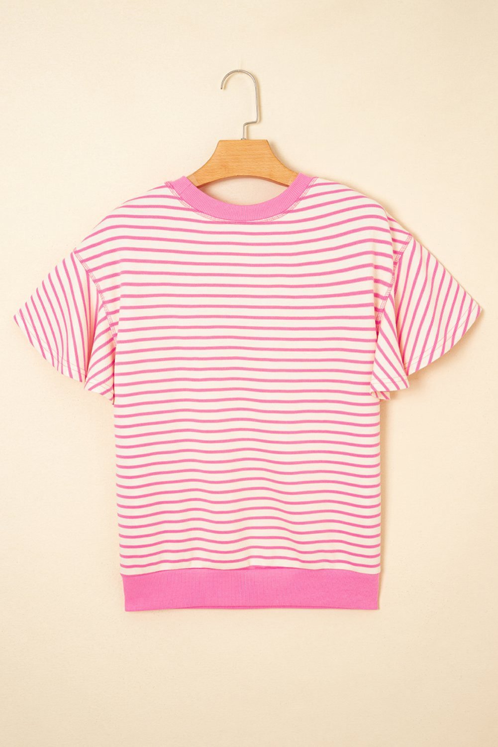 Sachet Pink Contrast Detail Striped Ruffle Short Sleeve Top