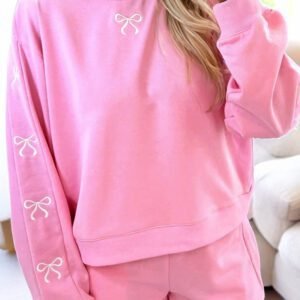 Sachet Pink Girly Bow Embroidered Detail Puff Sleeve Pullover 2Pcs Short Set