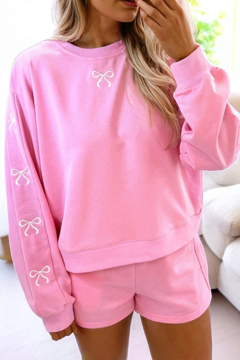 Sachet Pink Girly Bow Embroidered Detail Puff Sleeve Pullover 2Pcs Short Set