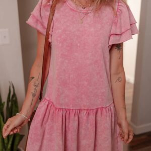 Sachet Pink Mineral Wash Raw Edge Ruffle Mini Dress
