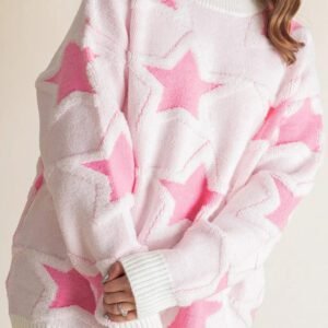 Sachet Pink Oversized Cute Star Pattern Ribbed Edge Drop Shoulder Sweater