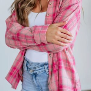 Sachet Pink Plaid Print Rounded Hem Long Sleeve Shirt With Pockets