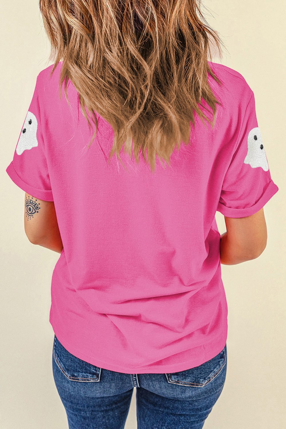 Sachet Pink Sequin Halloween Ghost Patched Casual T Shirt