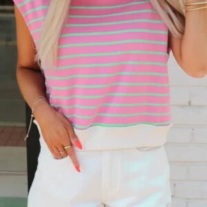 Sachet Pink Striped Crew Neck Cap Sleeve T Shirt