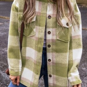 Sage Green Plaid Print Buttoned Flap Pockets Baggy Shacket