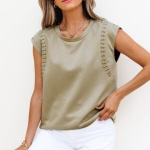 Sage Green Studded Cap Sleeve Round Neck T Shirt