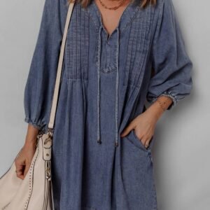 Sail Blue 3/4 Sleeve Tied V Neck Pleated Denim Mini Dress