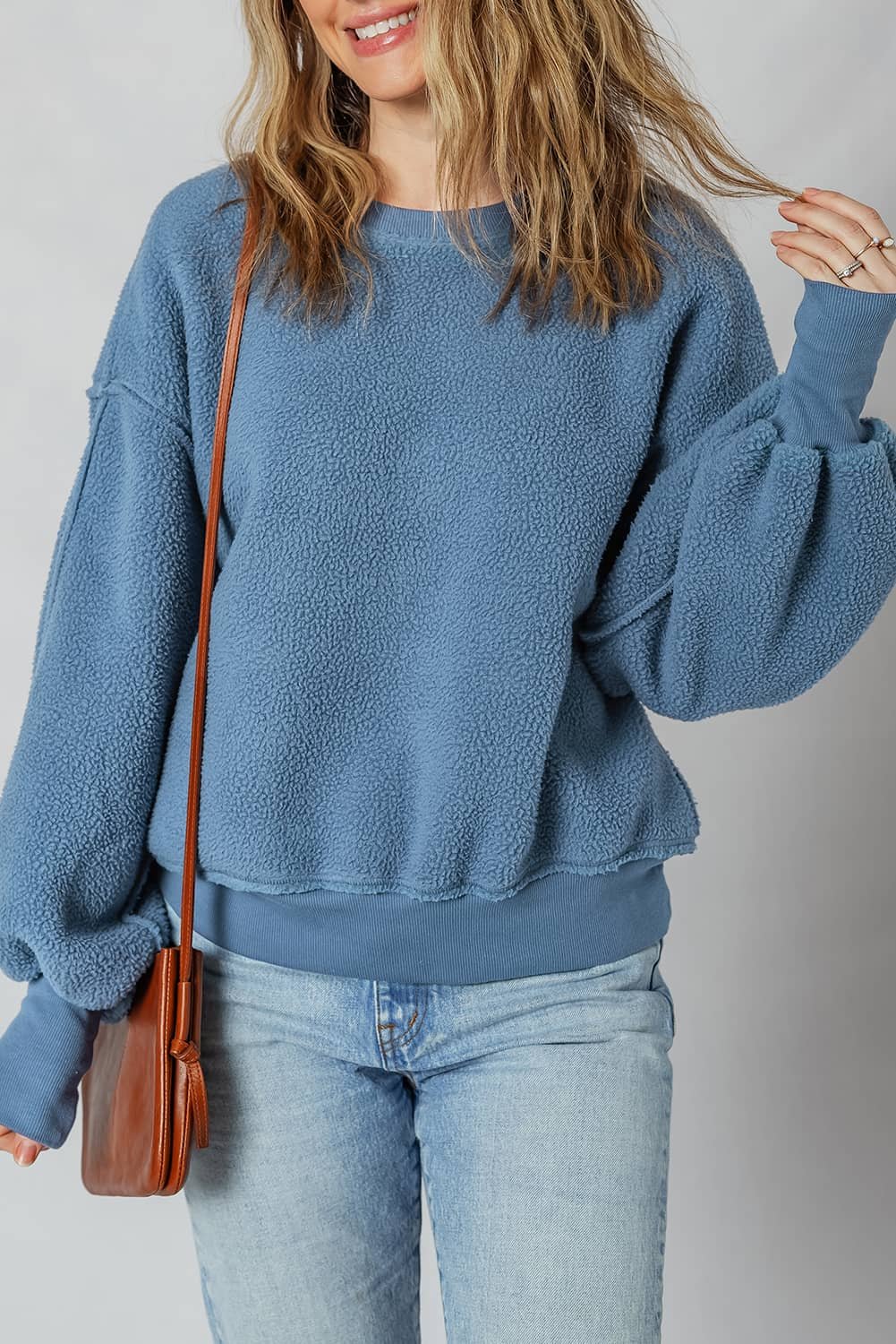 Sail Blue Fleece Drop Shoulder Exposed Seam Patchwork Casual Sweatshirt