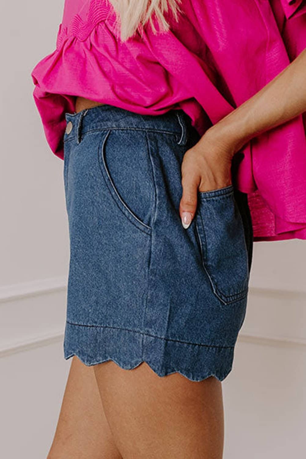 Sail Blue Scalloped Hemline Acid Wash High Waist Denim Shorts